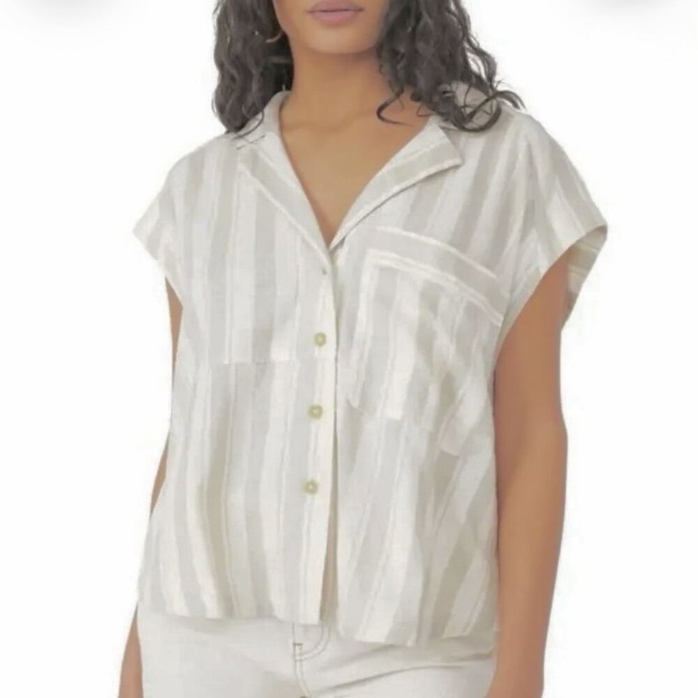 Free People XL Linen Play It Cool Striped Shirt Oversized Boxy Coastal